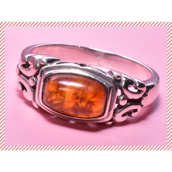 VTG Sterling Silver Amber Gemstone Damask Floral Motif Ring Approximate Size 9 - Picture 2 of 16